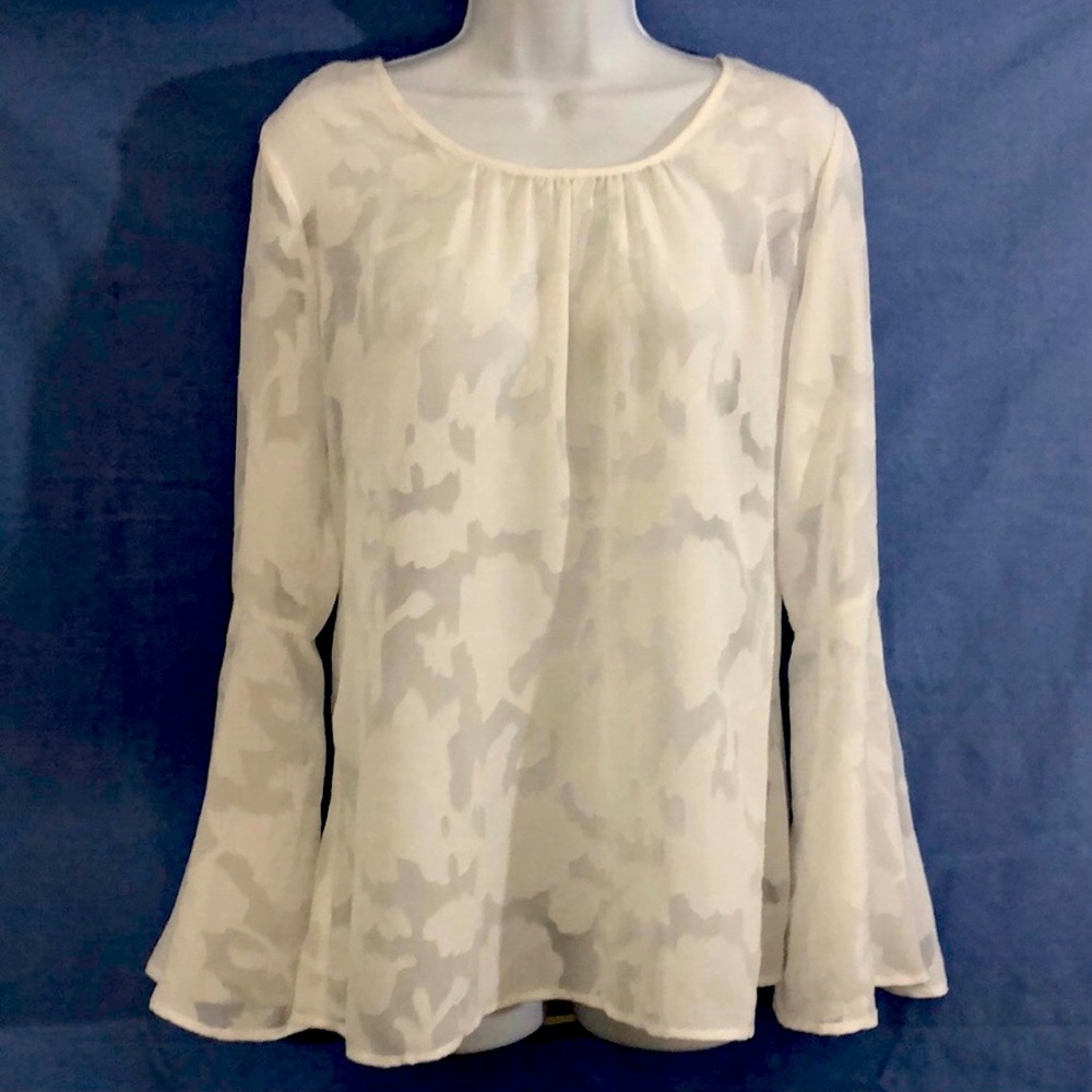 NY Collection White Bell Sleeve Sheer Blouse